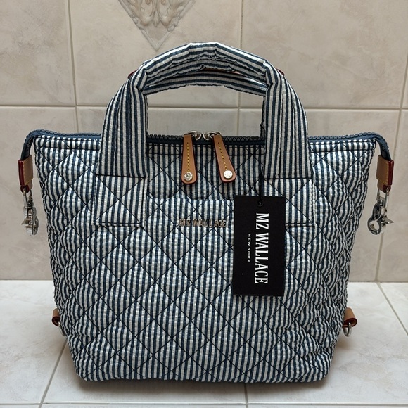 MZ Wallace Small Dutton Deluxe Top Handle Bag in Blue Seersucker/Silver. NWT - Picture 1 of 11